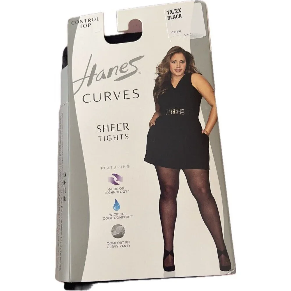 Hanes Curves 1X/ 2X Black Sheer Control Top Glide On Technology Wicking Tights
